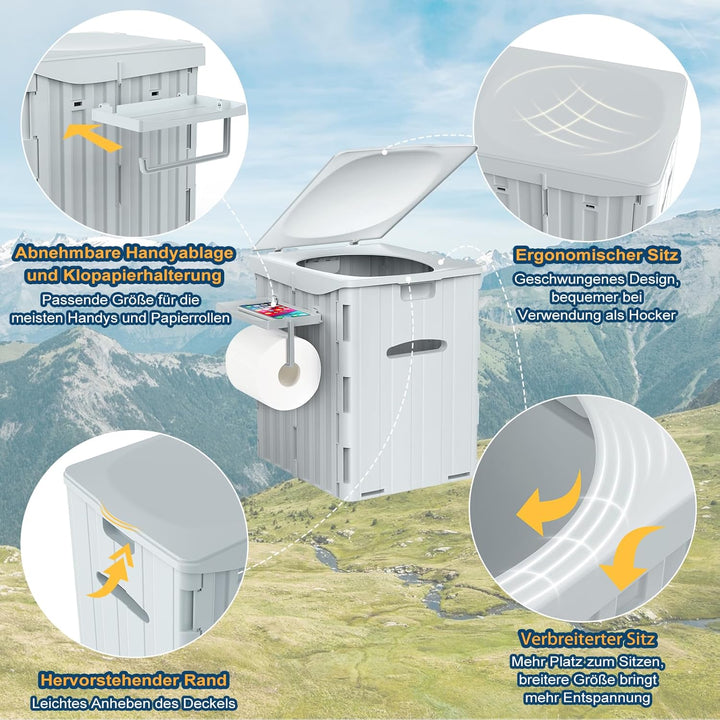 WADEO Tragbare Campingtoilette mit Deckel, 39 cm hohe Mobile Toilette mit 12 Stück Toilettenbeutel,