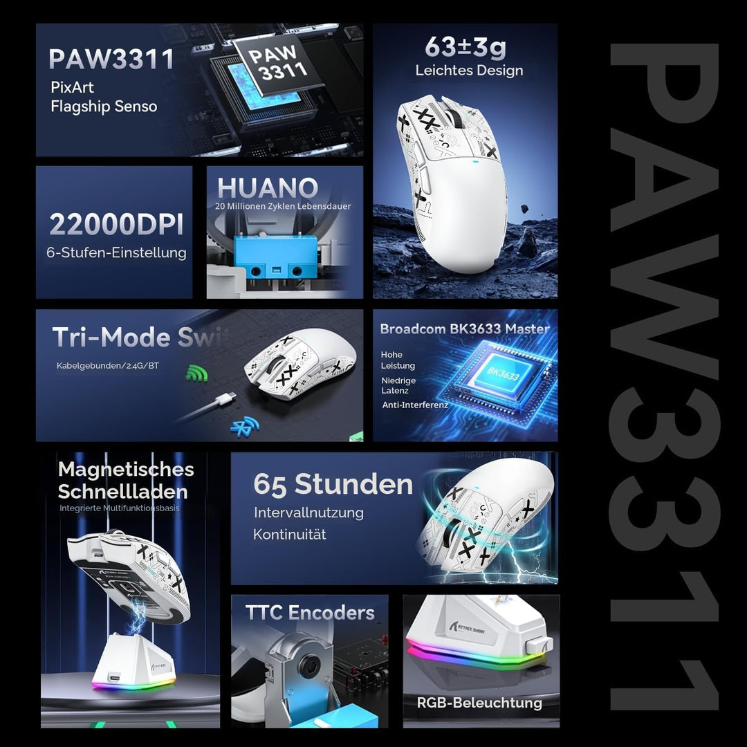 ATTACK SHARK X11 Gaming mit Magnetic Charging Dock, PixArt PAW3311 Sensor, BT/2.4G Wireless/Wired Mo