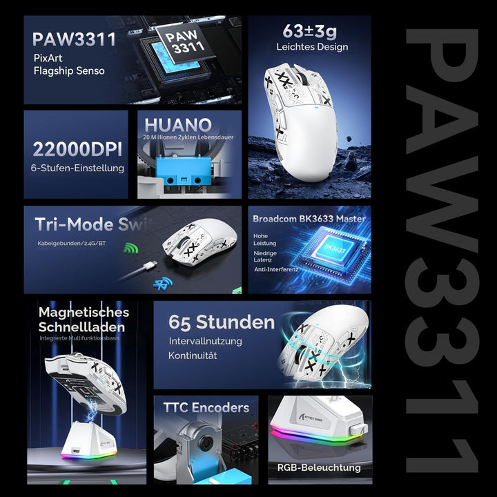 ATTACK SHARK X11 Gaming mit Magnetic Charging Dock, PixArt PAW3311 Sensor, BT/2.4G Wireless/Wired Mo