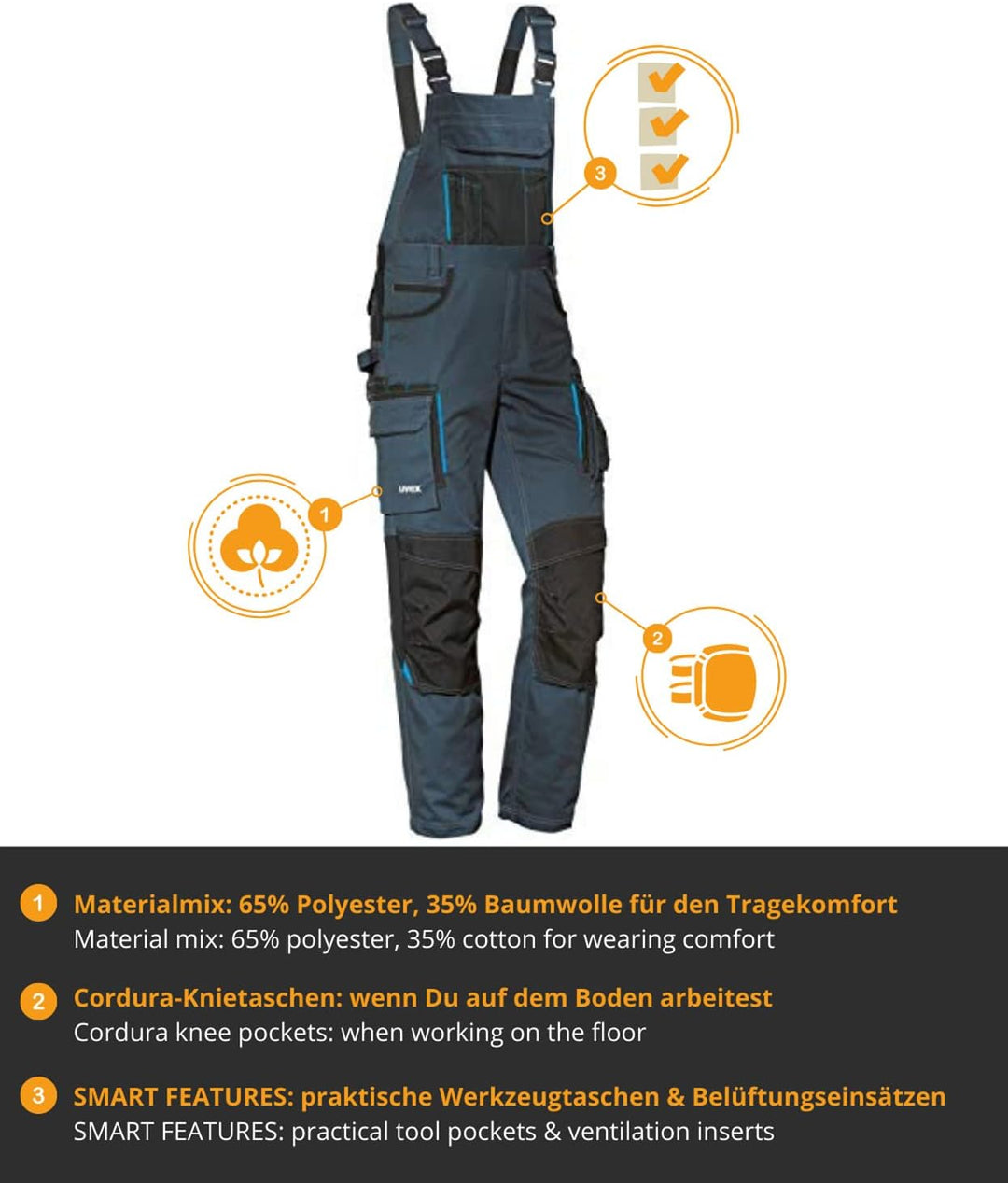 Uvex Tune-up Lange Herren-Arbeitshose - Lange Latzhose mit Knietaschen, 44 Blau