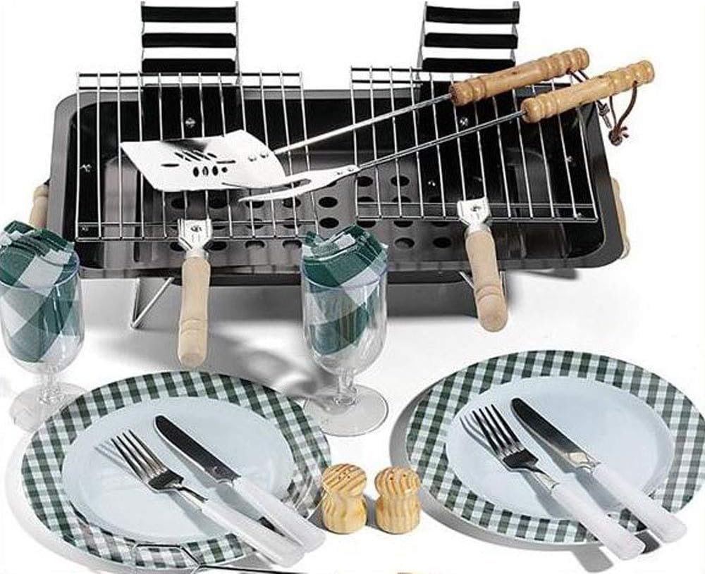 Picknicktasche mit praktischem Zubehör zum Grillen, Snacken und Lunchen, Metallgrill mit Geschirr u.