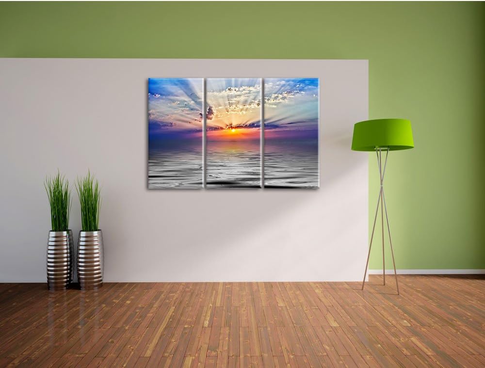 Pixxprint Sonnenaufgang im Meer / 3-Teilig/Gesamtmass 120cm Leinwandbild bespannt auf Holzrahmen/Wan