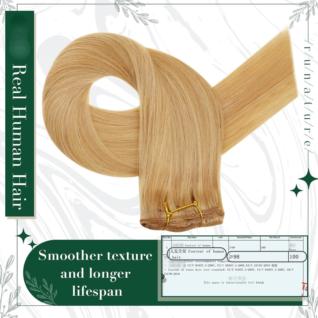 RUNATURE Remy Clip Extensions Echthaar Highlighted Blond 35cm Clip Echthaar Haarverlängerung Unsicht