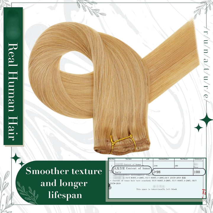 RUNATURE Remy Clip Extensions Echthaar Highlighted Blond 35cm Clip Echthaar Haarverlängerung Unsicht