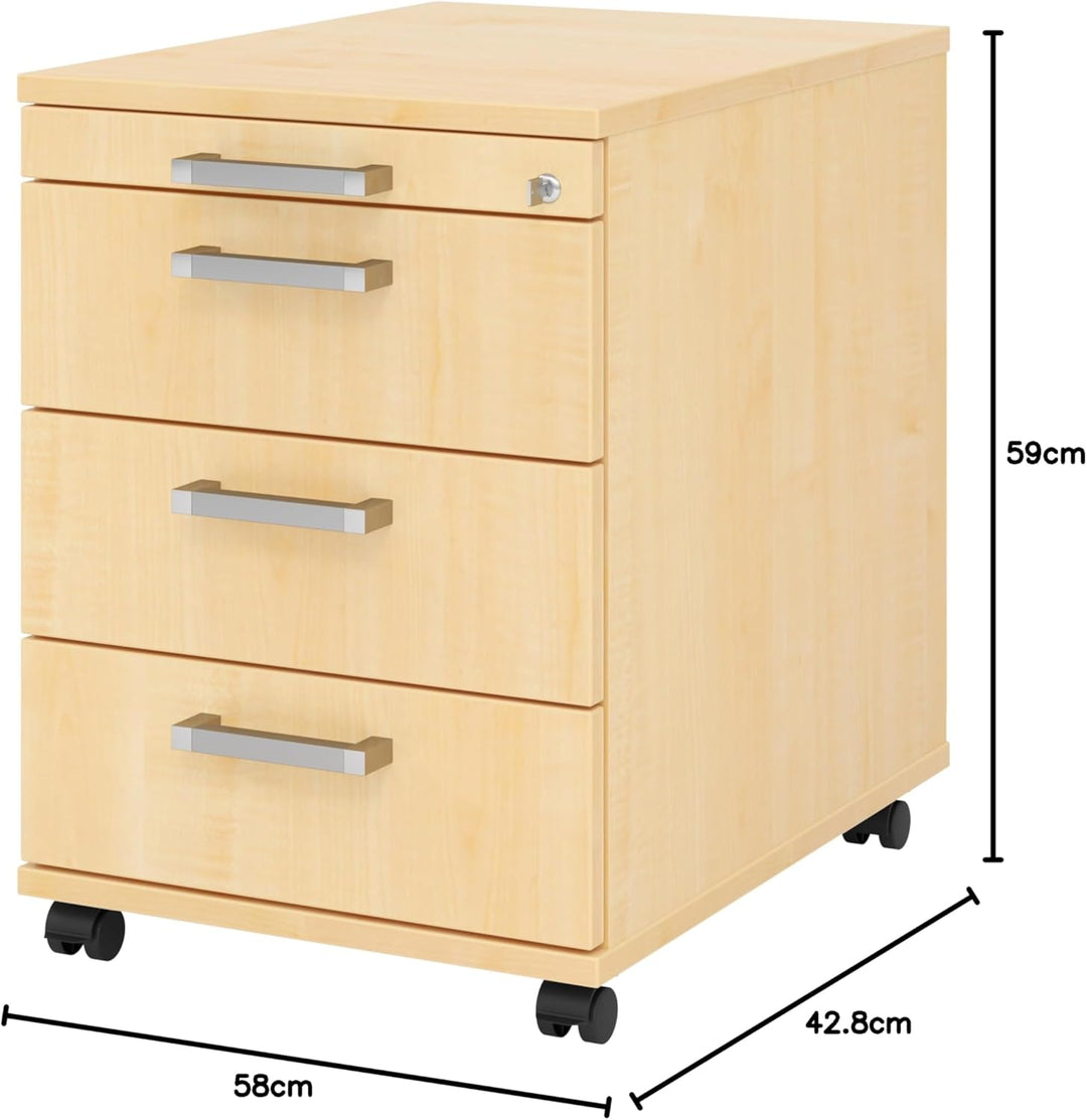 bümö Rollcontainer mit Schubladen, Container abschliessbar aus Holz in Ahorn - Rollwagen für's Büro