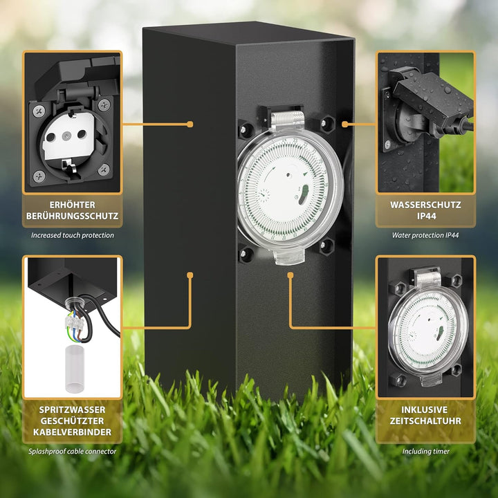 ledscom.de Garten Steckdosensäule POMI für aussen, IP44, Timer/Zeitschaltuhr, 2-Fach, schwarz, eckig