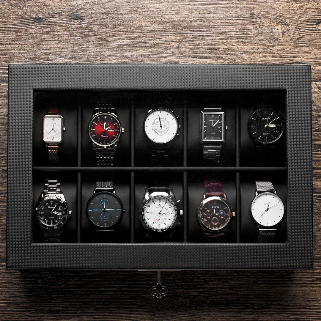 KILHS Uhrenbox mit 10 Fächern, Uhrenkasten mit grossem Glasdeckel, herausnehmbares Uhrenkissen, absc