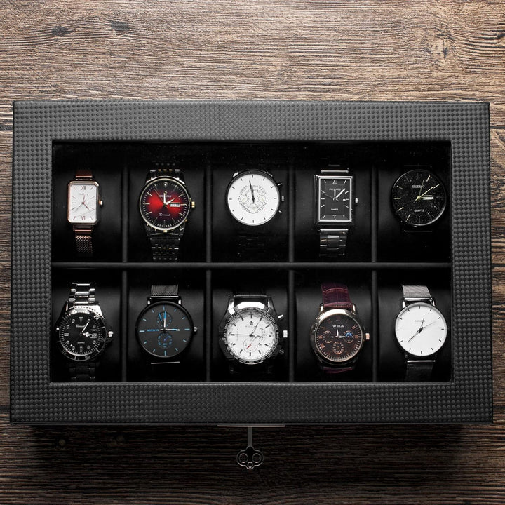 KILHS Uhrenbox mit 10 Fächern, Uhrenkasten mit grossem Glasdeckel, herausnehmbares Uhrenkissen, absc