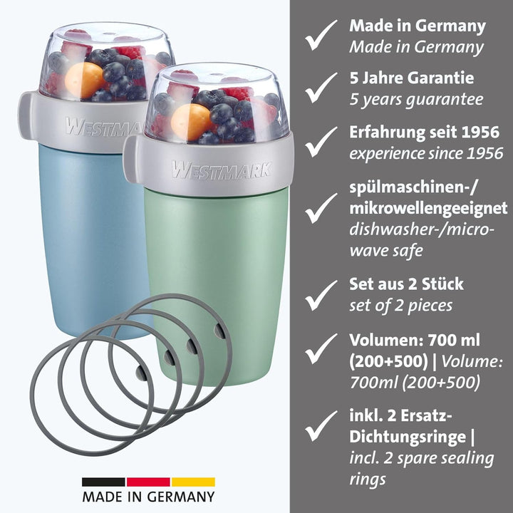 Westmark 2 Müslibecher/Lunchpots – 2 Müslibecher mit je 2 auslaufsicheren Fächern 200 ml + 500 ml, 4