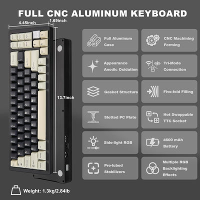 YUNZII AL71 68% mechanische Tastatur, All-Aluminium CNC, Hot-Swap-Ring, 2.4GHz Wireless BT5.0/USB-C