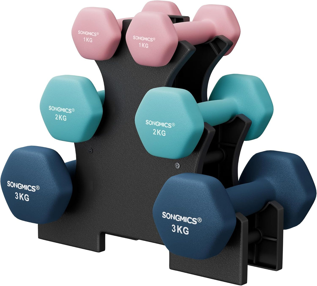 SONGMICS Hantel-Set, 3 Paar, 2 x 1 kg, 2 x 2 kg, 2 x 3 kg, Aufbewahrung, Fitnessstudio, Krafttrainin