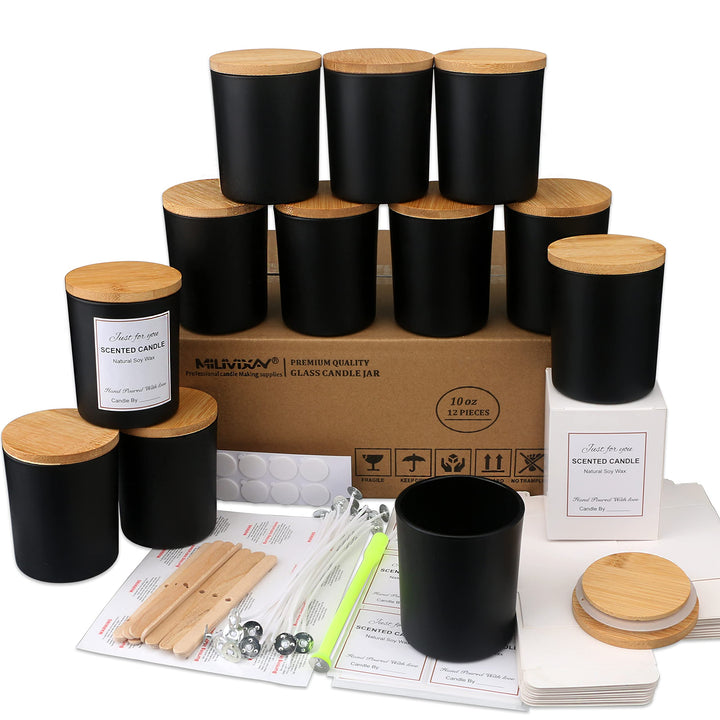 MILIVIXAY Mattierte schwarze Kerzengläser aus Glas mit Deckeln und Kerzenherstellungs-Sets, leere Ke