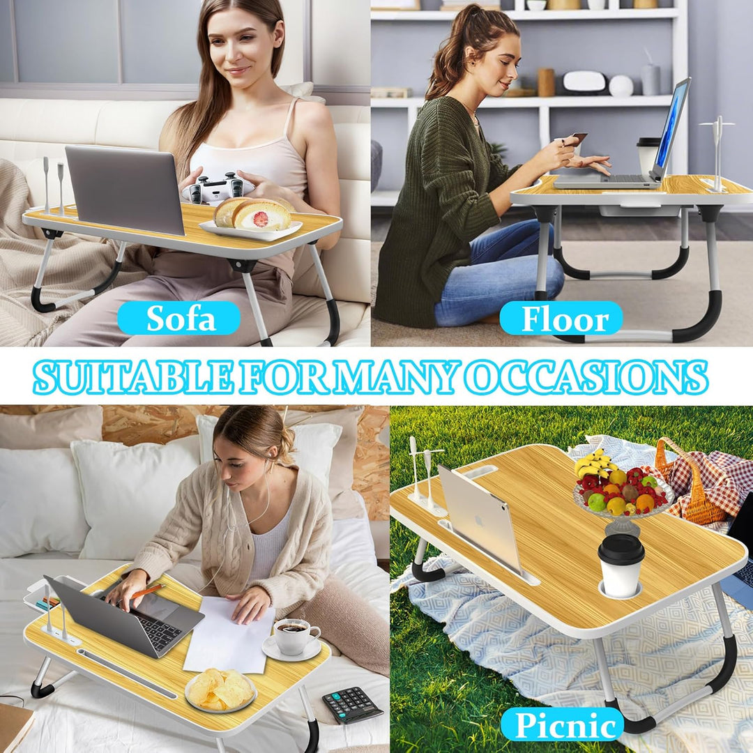 Soontrans Laptoptisch, 60 x 40 x 28 cm, Laptop Tisch mit Schublade, Getränkehalter, Kleiner Ventilat