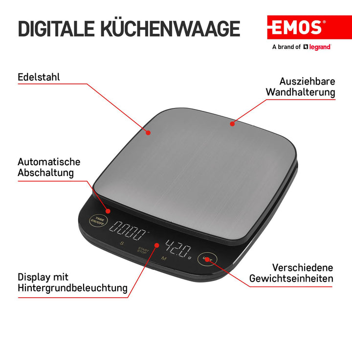 EMOS - digitale Kaffeewaage aus Edelstahl - Küchenwaage für Barista - 3kg Maximalgewicht, 0,1g Präzi