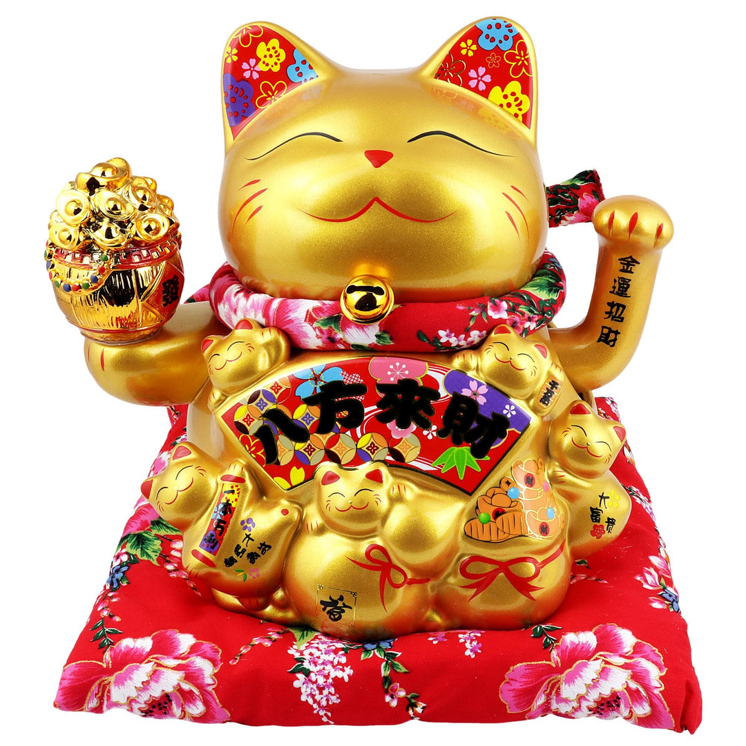 Freak Scene Glückskatze Maneki-Neko Winkekatze Porzellan 21cm Gold winkende Katze Lucky cat