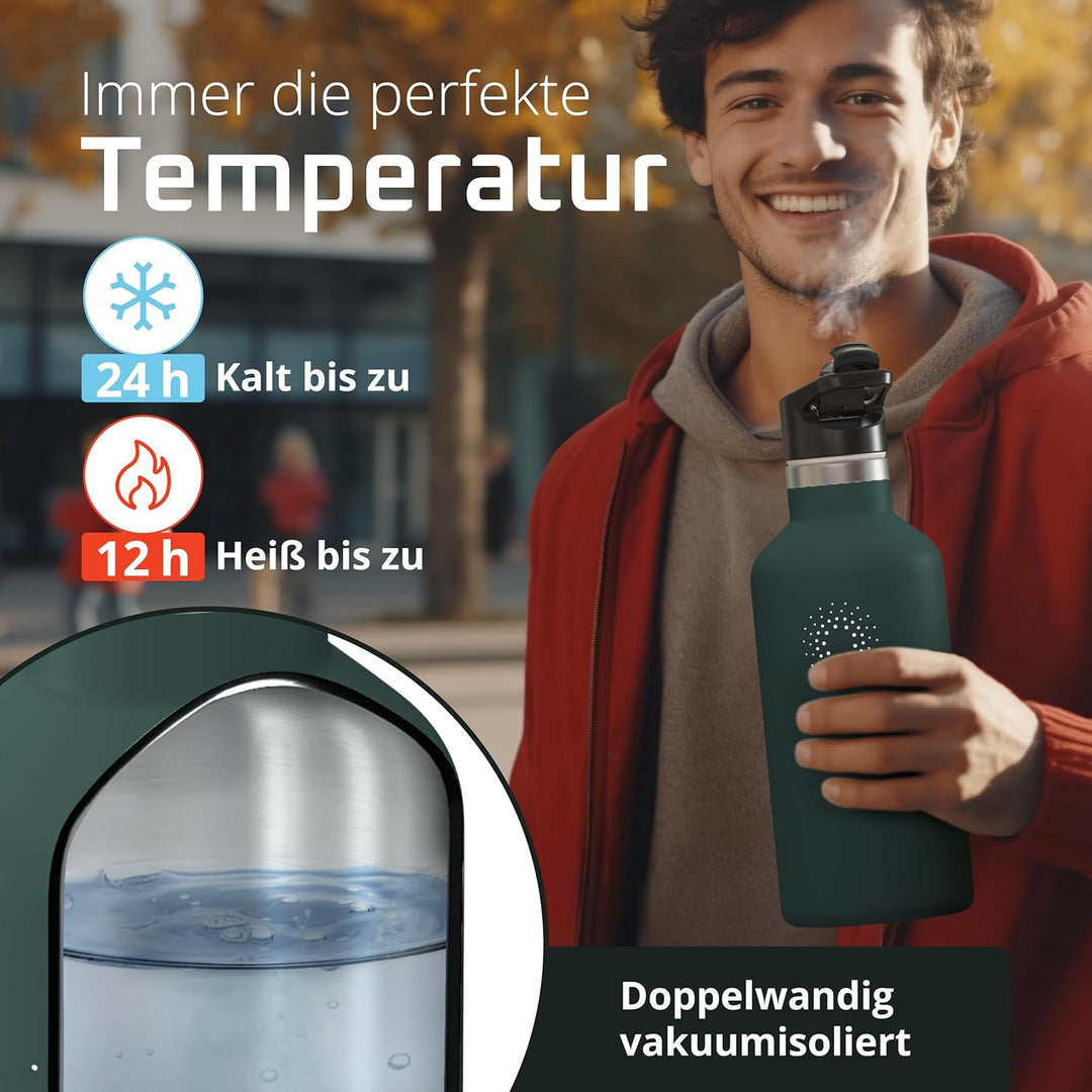 Trinkflasche Edelstahl mit Strohhalm, Infuser + 3 Deckel: BPA-frei, Auslaufsicher, Kohlensäure geeig