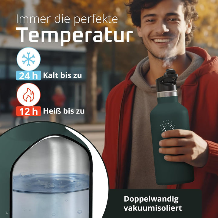 Trinkflasche Edelstahl mit Strohhalm, Infuser + 3 Deckel: BPA-frei, Auslaufsicher, Kohlensäure geeig