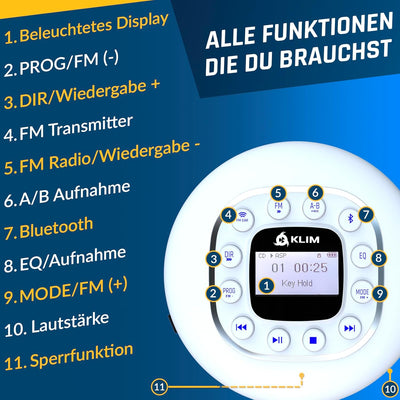 KLIM Journey + Tragbarer CD-Player Walkman mit langlebigem Akku + Mit Kopfhörern + Radio FM + Kompat