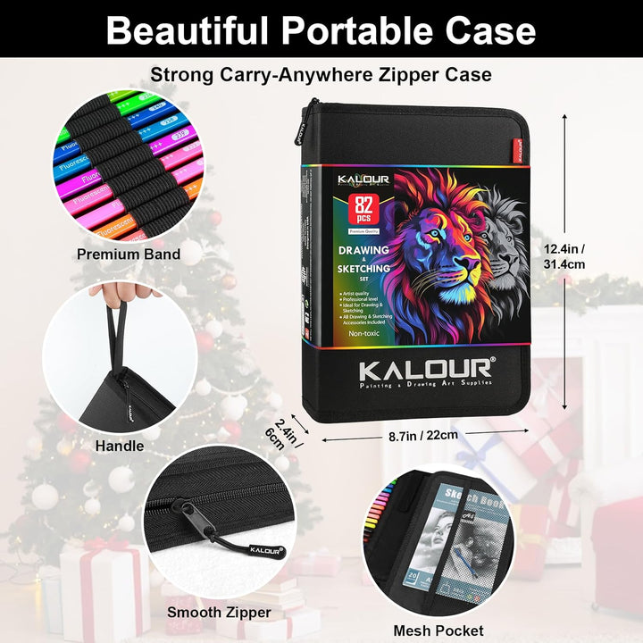 KALOUR PDAS 82 Zeichen Set Skizzenset, Pro Kunstbedarf mit Neon-, Farbstiften, Aquarell-, Metallic-,