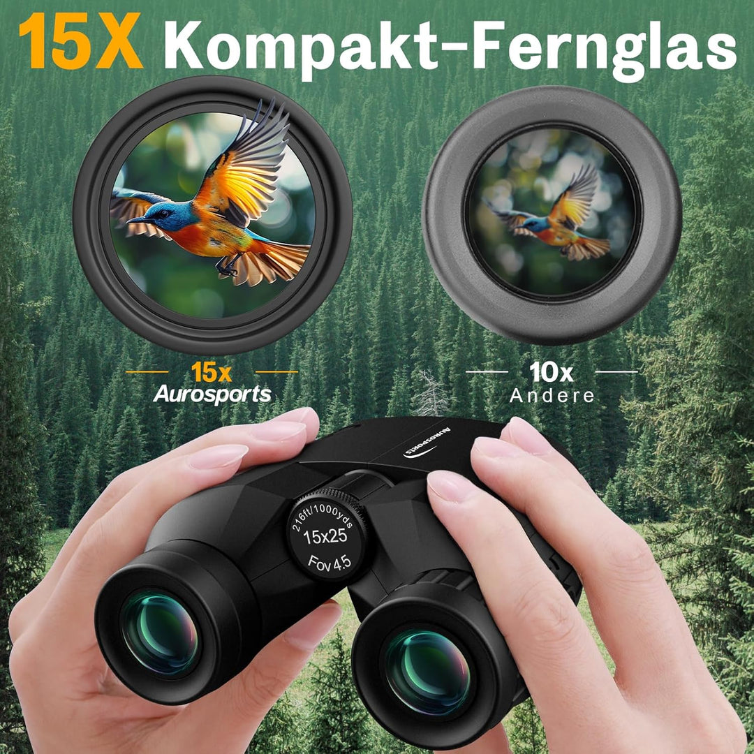 Aurosports 15X25 Kompaktes Fernglas für Erwachsene und Kinder - Fernglas Erwachsene High Definition,