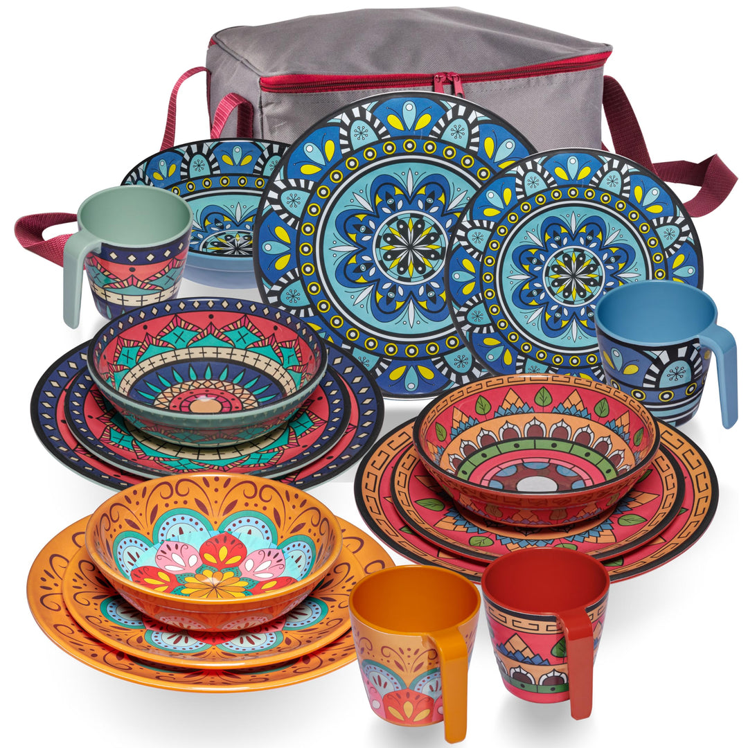 Melamin Geschirr Set Toskana Pastel für 4 Personen - BUNT - Mandala-Optik Spülmaschinengeeignet Essg
