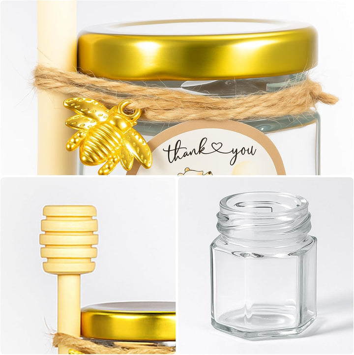Youyijia 50er Set Mini Honiggläser, 1,5oz Hexagon-Glasflaschen mit Holz-Dipper, Goldener Deckel, Bie