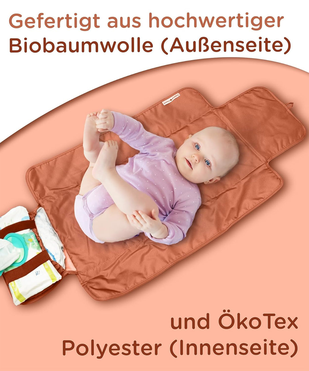 Jubi® Wickelauflage Braun-Rust aus Biobaumwolle und ÖkoTex Polyester - Wickelunterlage für unterwegs