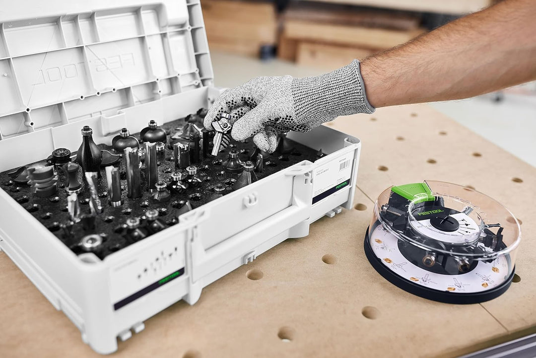 Festool Fräserbox Box-OF HW S8 Mix (mit Bündigfräser, Dübelbohrer, Nutfräser mit Bohrschneider, Abru