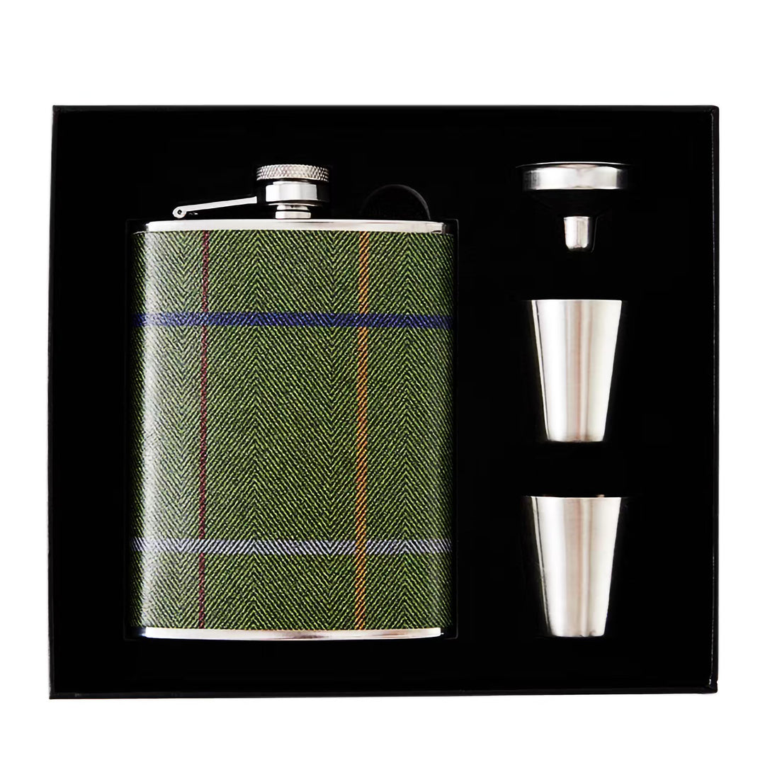 Luxuriöses 237 ml Edelstahl-Flachmann-Geschenkset mit 2 Schnapsgläsern und Trichter, lederbedruckter