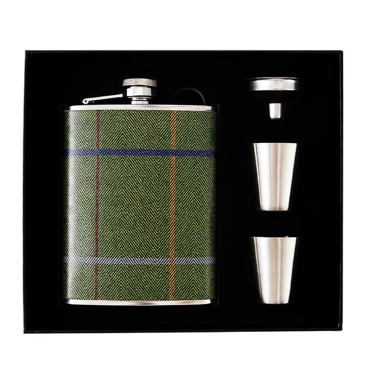Luxuriöses 237 ml Edelstahl-Flachmann-Geschenkset mit 2 Schnapsgläsern und Trichter, lederbedruckter