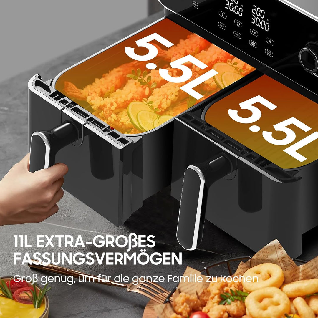 iceagle Heissluftfritteuse 2 Kammern Airfryer XXL 11L - 1700 W Heissluftfritteuse mit 2 Fächer | Dua
