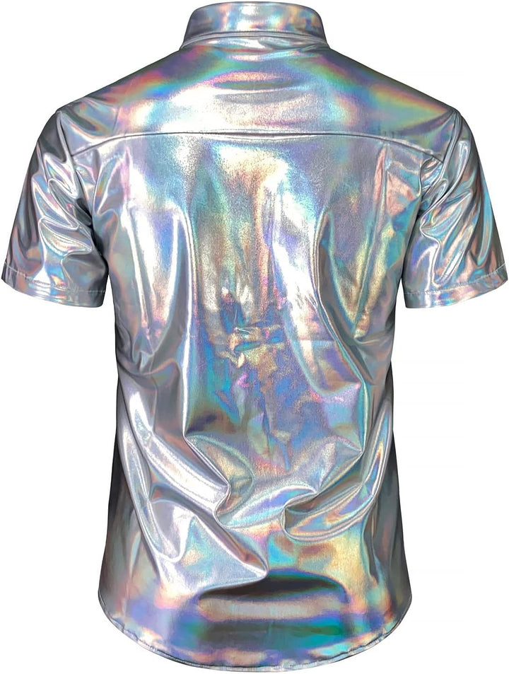 JOGAL Herren Metallic Glänzend Bronzing Nachtklub Party Hemd Silber Schimmern L, Silber Schimmern L