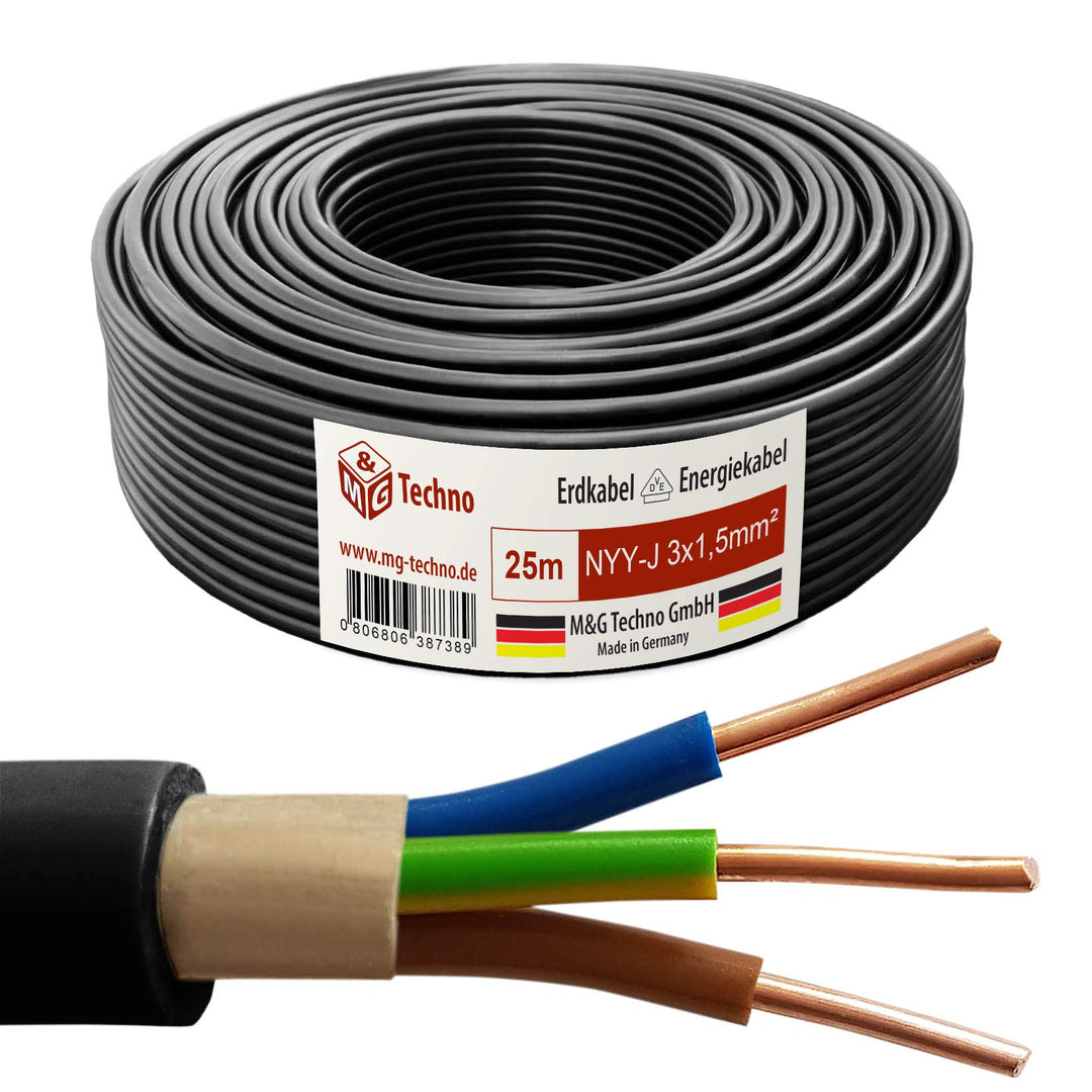 M&G Techno 25m NYY-J 3x1,5 mmІ Erdkabel Elektrokabel Beton und Freien Kupfer Made in Germany 10655,