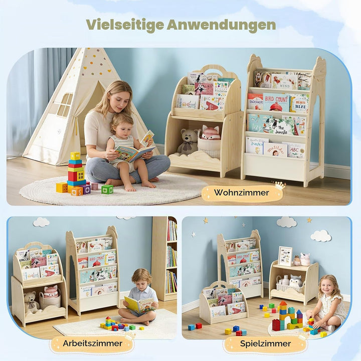 Kinderregal mit Boxen, 3-in-1 Multifunktions Spielzeugregal Kinderzimmer mit Modularem Design, Trage