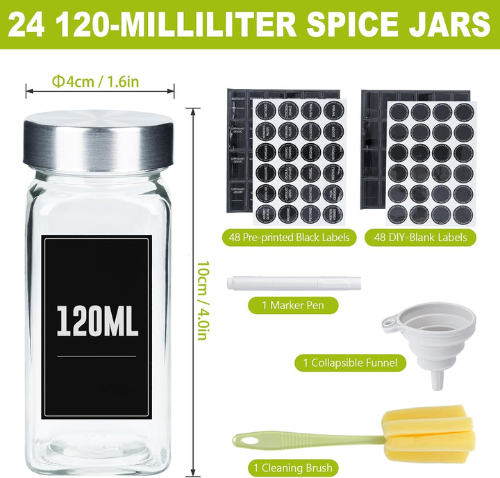 YRHome 24 Stück Gewürzgläser Eckig Set Gewürzglas Aus Glas Spice Jars 120ML Gewürzdosen Mit Etikette