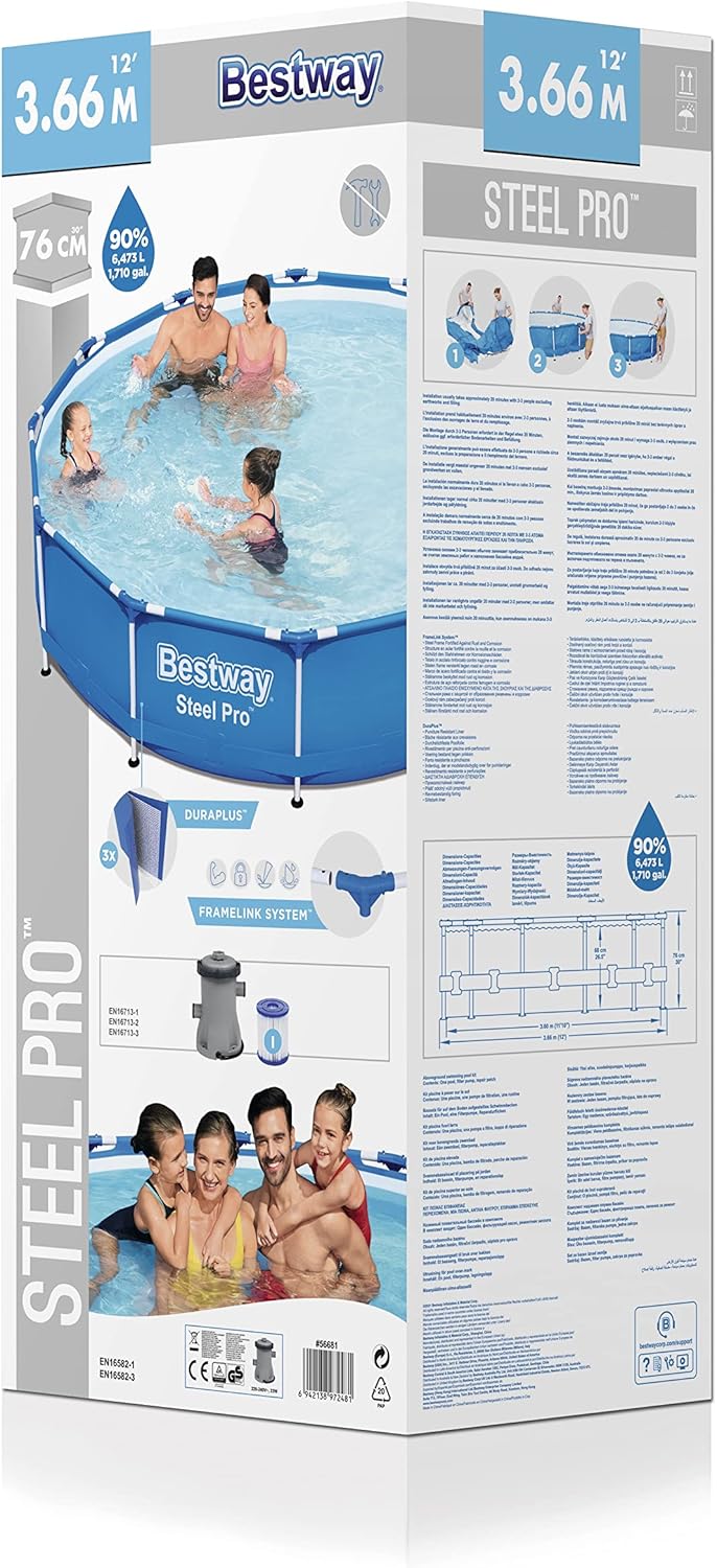 Bestway Steel Pro Frame Pool Set, rund, mit Filterpumpe 366 x 76 cm, 56681, Blau, Ø 366 x 76 cm