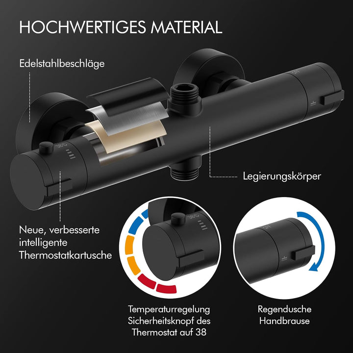 HOMELODY Duschsystem mit Thermostat und Duschablage - Duscharmatur Komplettset schwarz mit Rund Rege