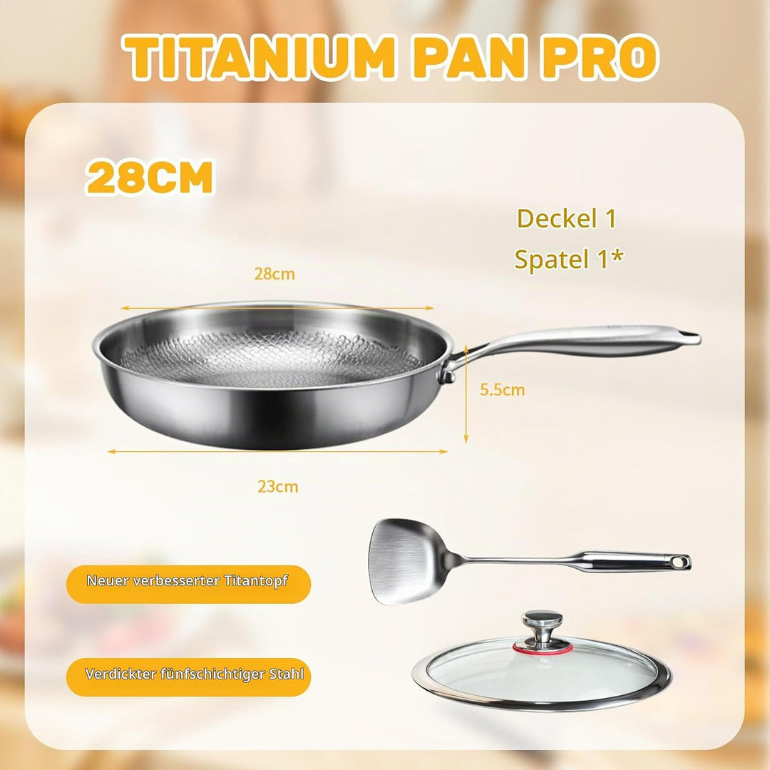 Titan Pfanne, 28CM Titanpfanne Mit Deckel und Spatel, Titanium Hammered Pan 5 Schichten Verdickt, Ti