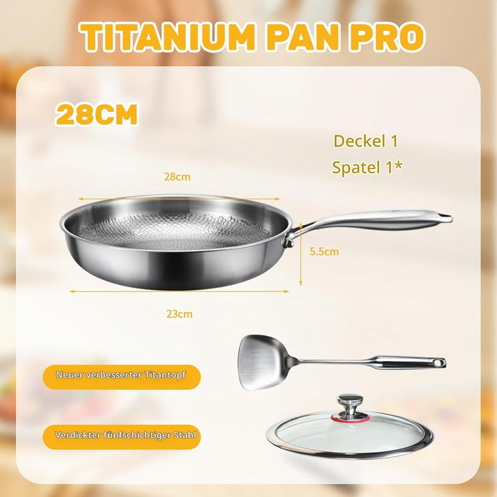 Titan Pfanne, 28CM Titanpfanne Mit Deckel und Spatel, Titanium Hammered Pan 5 Schichten Verdickt, Ti