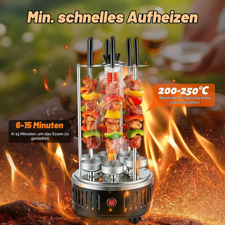 Elektrischer Schaschlikgrill für Balkon und Zuhause,1000W Vertikalgrill mit 12 Spiessen &amp; 2 Heizröhr