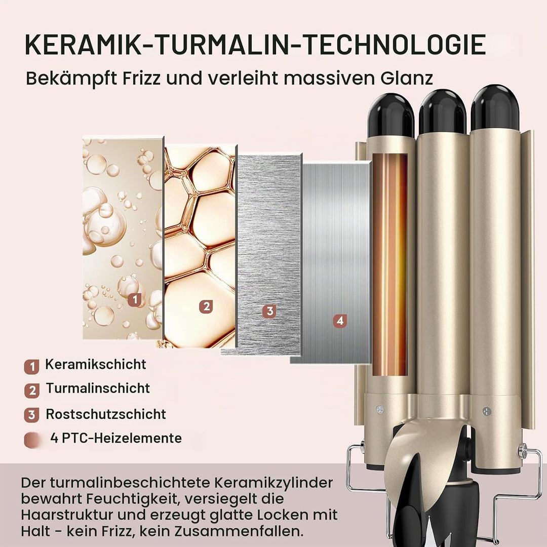 Welleneisen 3 Fässer Lockenstab BEACHWAVES Φ25mm, AIMERVO Curler LCD 14 Temperaturstufen 80-210℃, fü