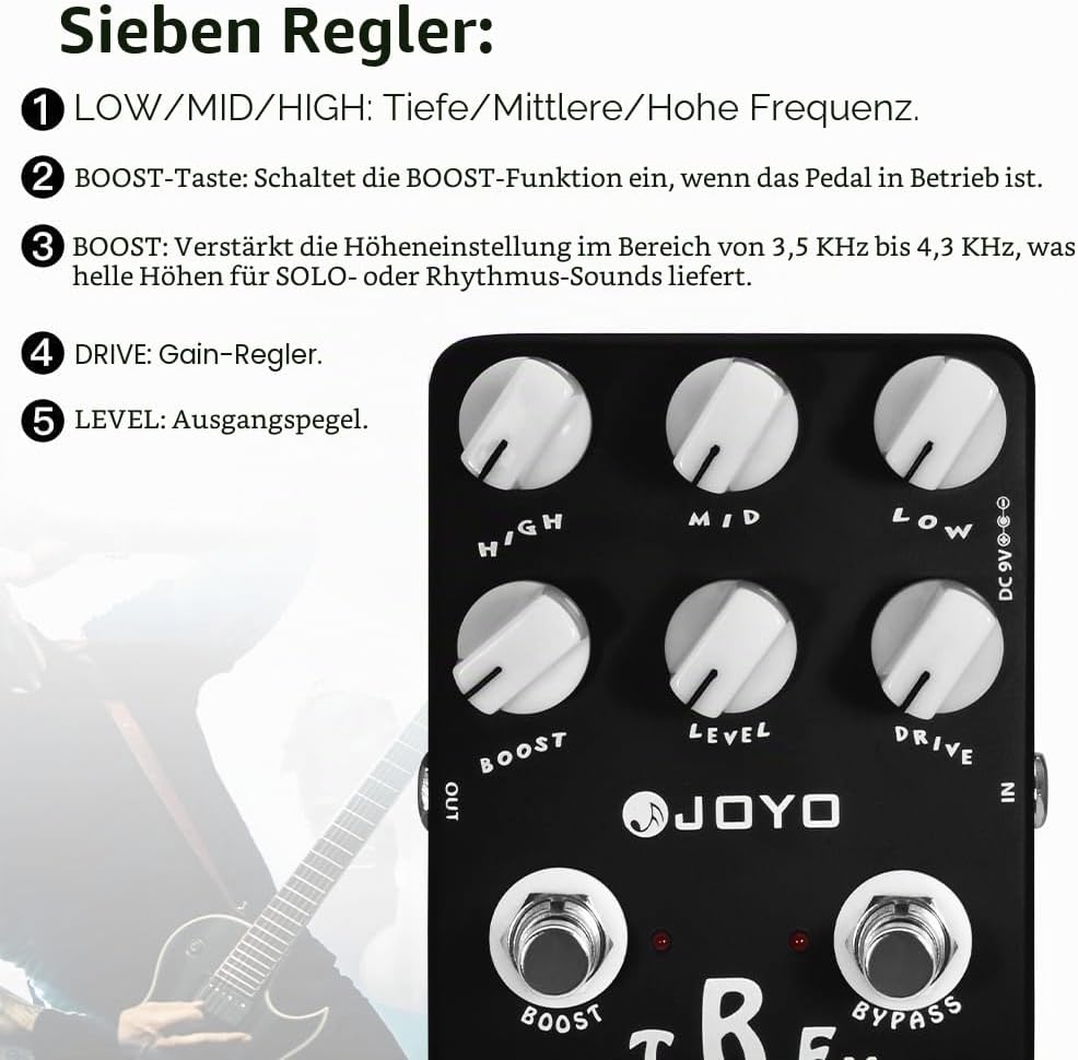 JOYO Metal Distortion Pedal mit 3-Band-EQ und Low-Mid-High Gain Boost für E-Gitarren-Effekt – Bypass