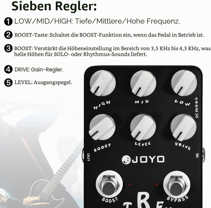 JOYO Metal Distortion Pedal mit 3-Band-EQ und Low-Mid-High Gain Boost für E-Gitarren-Effekt – Bypass