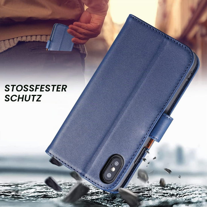 LENSUN Echtleder Hülle für iPhone XS, iPhone X Handyhülle Flip Cover [Echtes Leder][Kartenfach][RFID