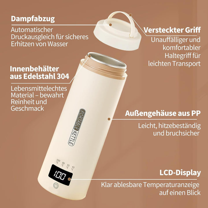 Tragbarer Reisewasserkocher 450 ml 4 Temperatureinstellungen Mini-Wasserkocher zum Anschliessen Edel