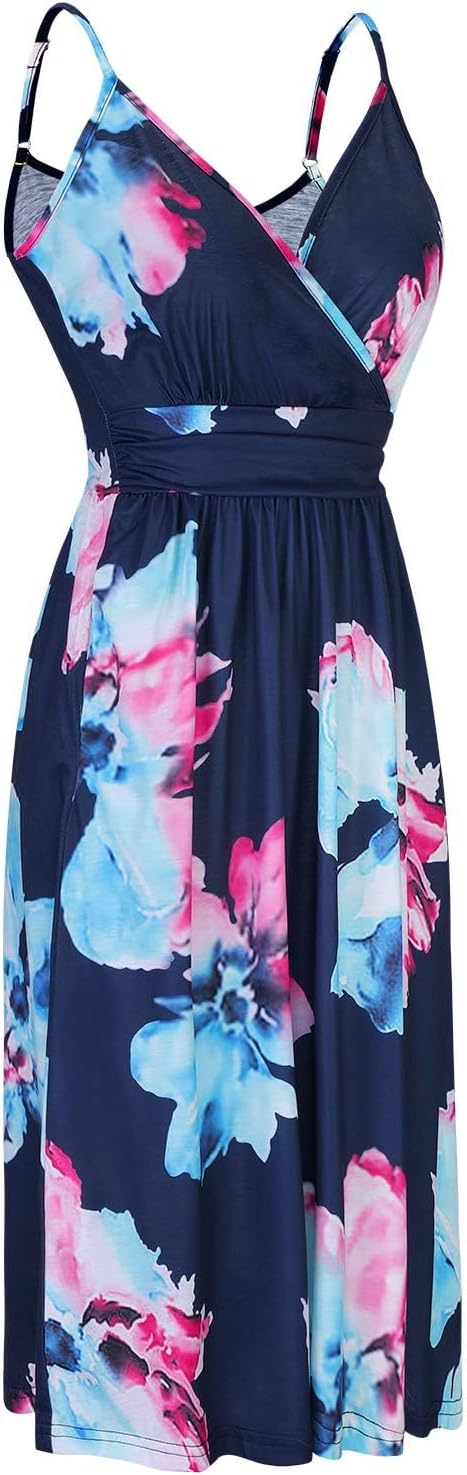OUGES Kleid Damen Spaghettiträger Sommer Kleider Knielang V-Ausschnitt Strandkleid mit Taschen S Flo