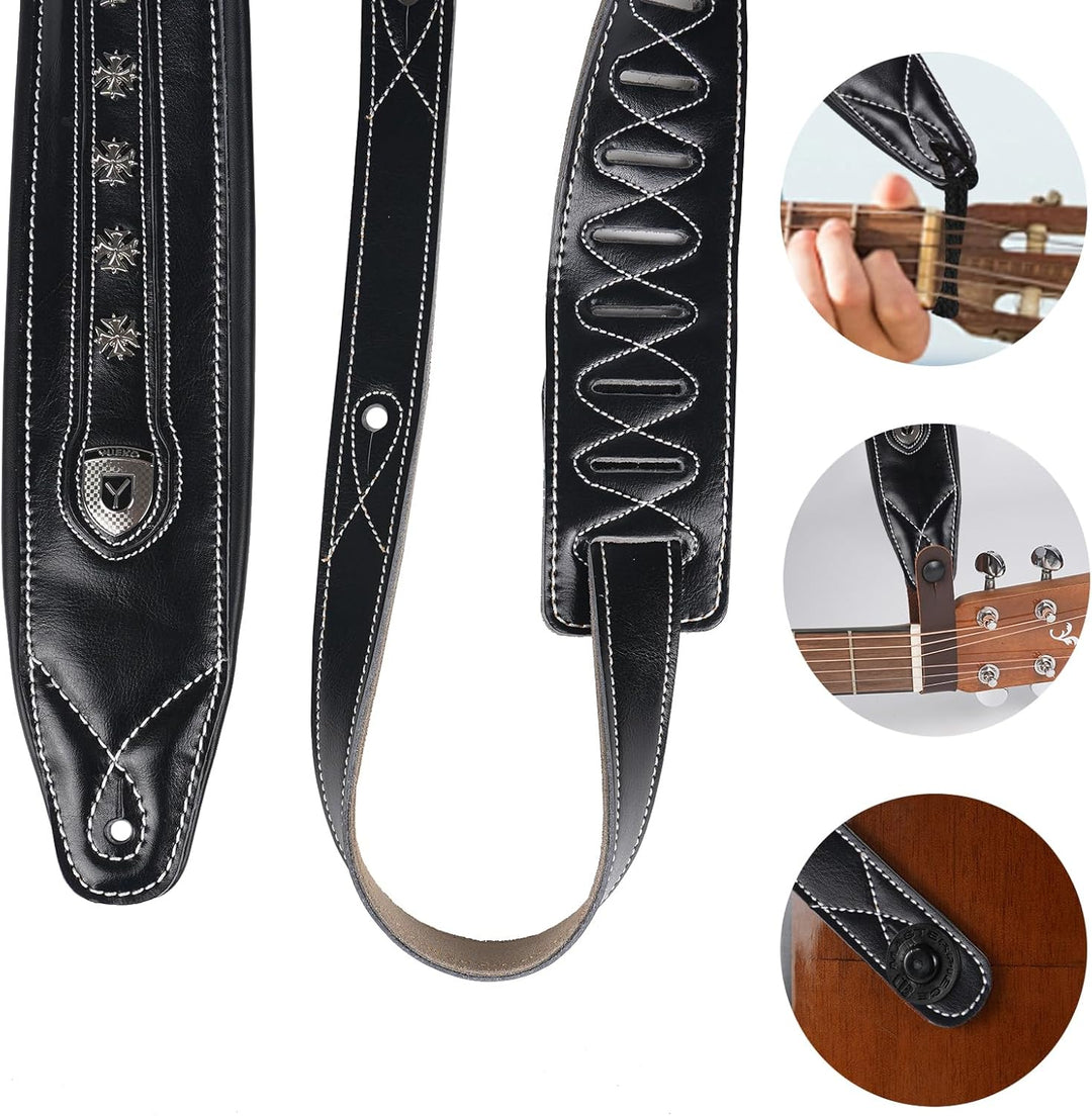 yueko Rindsleder Leder und PU Gitarrengurt Gurt Band für Akustik E-Gitarre Bass mit Metall Nieten, Y