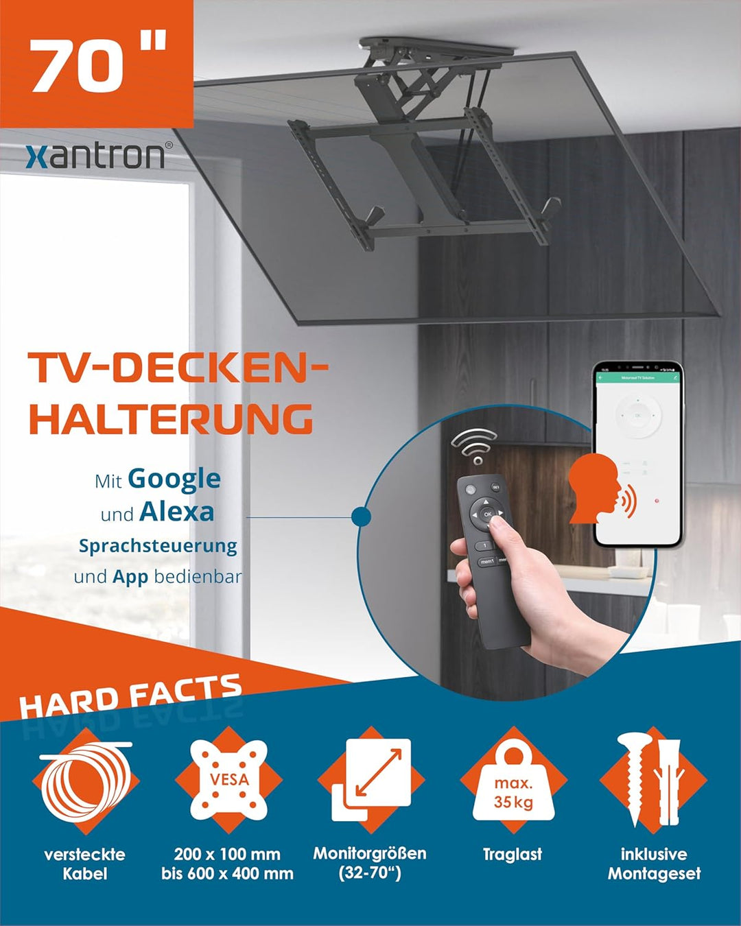 Xantron DEHA-600E TV Deckenhalterung elektrisch klappbar neigbar für 32-70 Zoll/elektrische Fernsehh