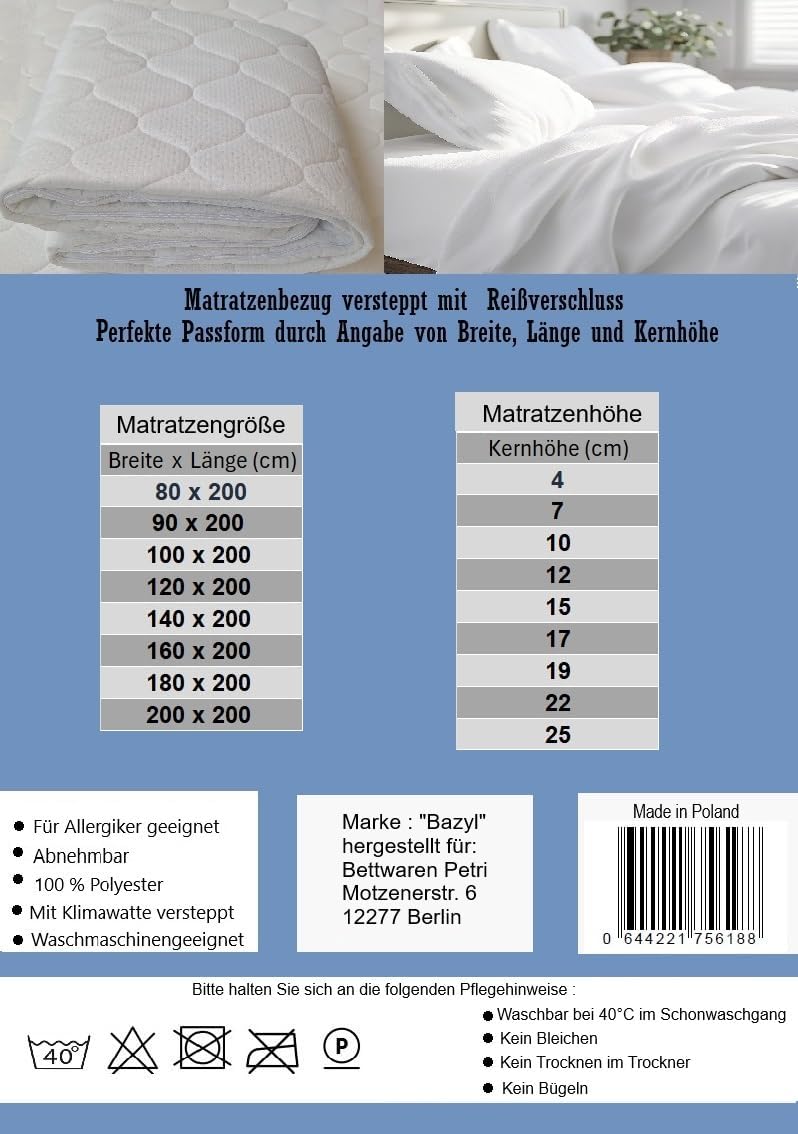 Matratzenbezug 90 x 200 cm. Matratzenschoner versteppt mit Reissverschluss für eine Matratze (90 x 2