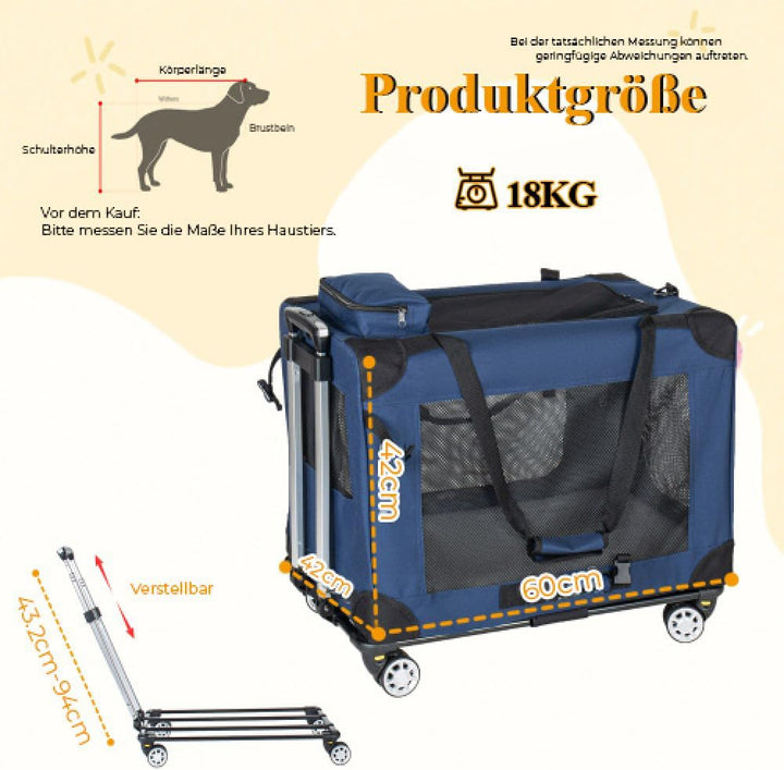 Dunkelblaue Tiertransportbox, 2-in-1 Faltbare Hundetransporttasche mit Rollen, Belüftete Haustierbox